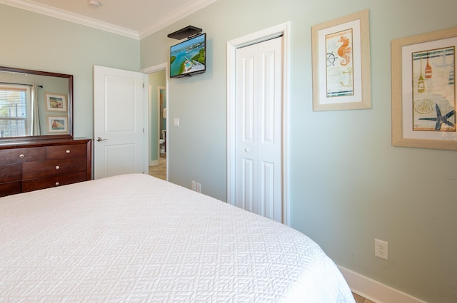 bedroom featuring crown molding and a closet