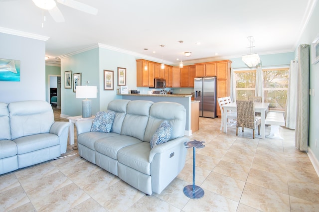 living room featuring light tile patterned floors, crown molding, and ceiling fan