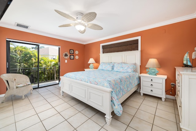 bedroom featuring access to exterior, visible vents, crown molding, and light tile patterned flooring