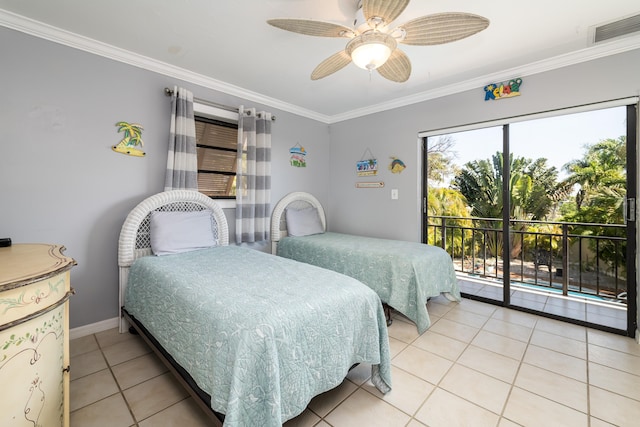 bedroom with light tile patterned floors, access to outside, visible vents, and ornamental molding