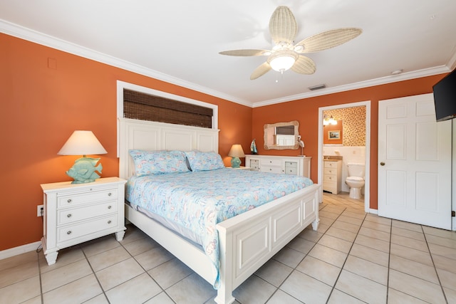 bedroom with visible vents, crown molding, and light tile patterned flooring