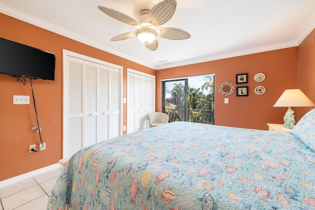 bedroom with crown molding, light tile patterned floors, access to exterior, and multiple closets