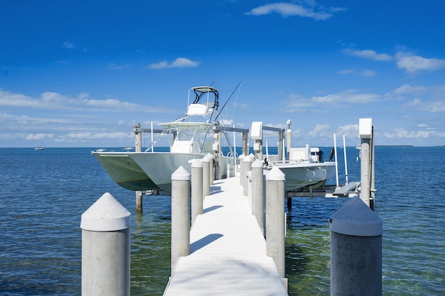 view of dock with a water view and boat lift