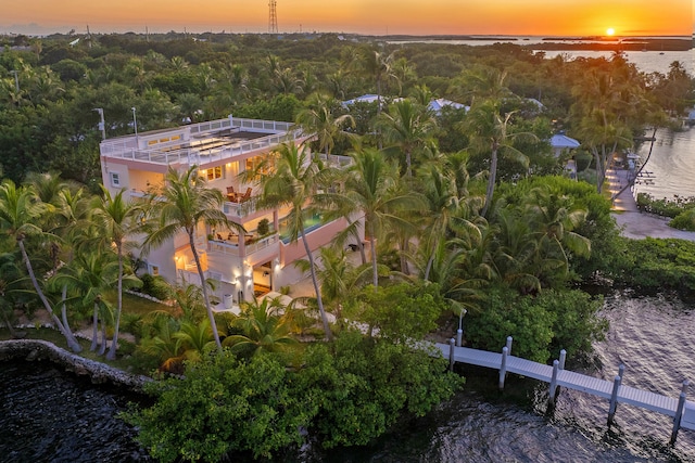 aerial view at dusk with a water view