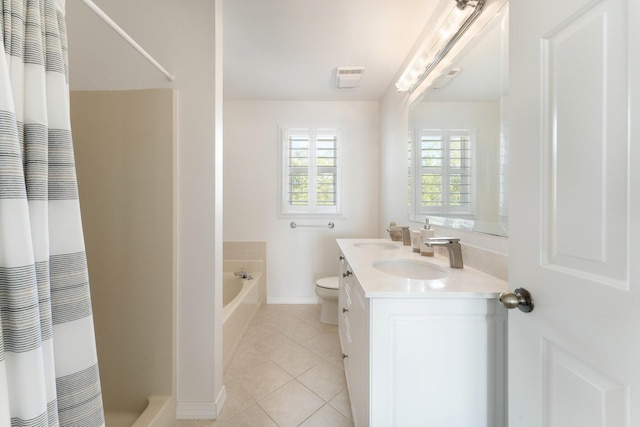 full bathroom with vanity, toilet, independent shower and bath, and tile patterned flooring