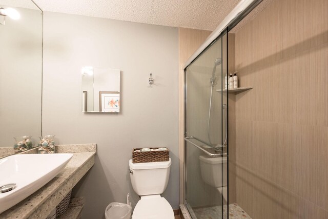 22738 Blackbeard Ln, Cudjoe, FL 33042 - bathroom with a shower stall, toilet, a textured ceiling, and a sink