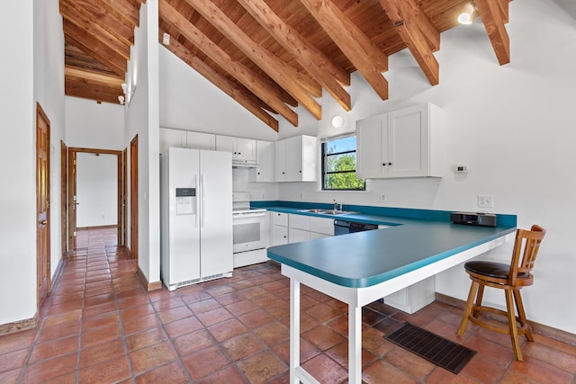 kitchen with sink, wood ceiling, white appliances, white cabinets, and beamed ceiling