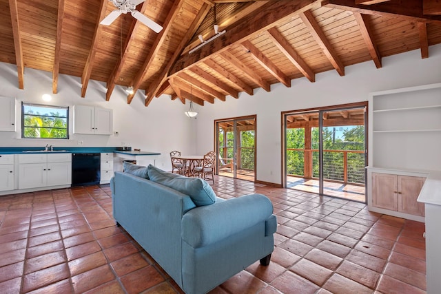 living room with ceiling fan, wooden ceiling, and beam ceiling