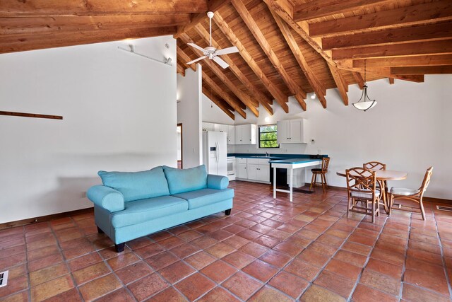 living room with sink, wood ceiling, high vaulted ceiling, beamed ceiling, and ceiling fan