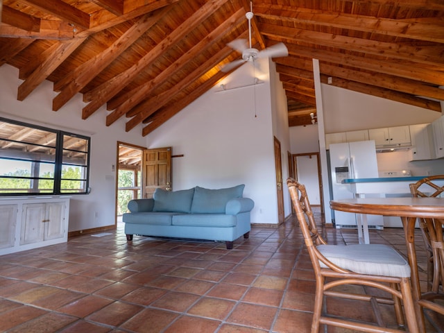 unfurnished living room with beamed ceiling, wooden ceiling, and high vaulted ceiling