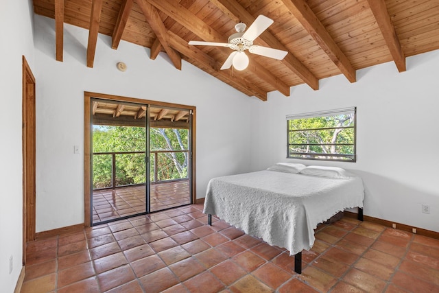 bedroom featuring lofted ceiling with beams, wooden ceiling, access to exterior, and ceiling fan