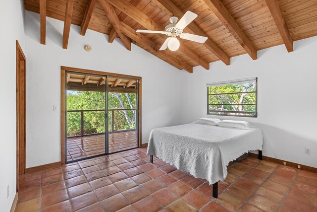 bedroom featuring wood ceiling, ceiling fan, access to exterior, and lofted ceiling with beams