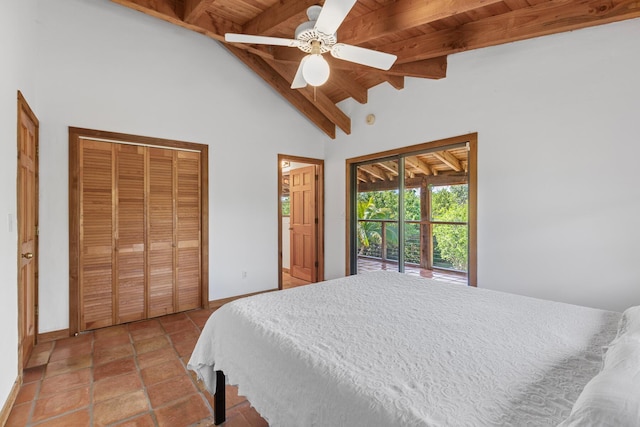 bedroom featuring high vaulted ceiling, beamed ceiling, access to exterior, ceiling fan, and wood ceiling