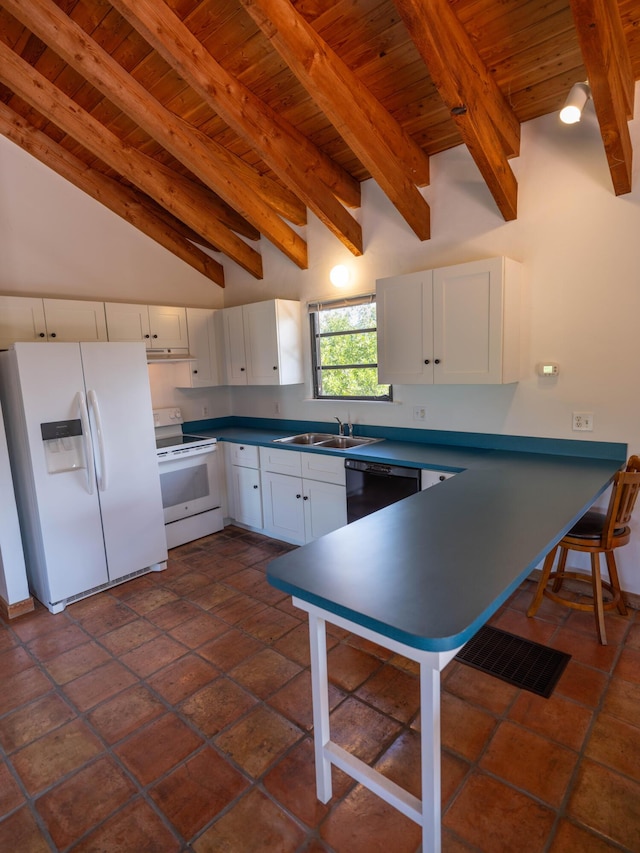 kitchen with white cabinetry, white appliances, sink, and wooden ceiling