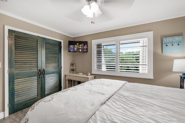 bedroom with crown molding, ceiling fan, and a closet