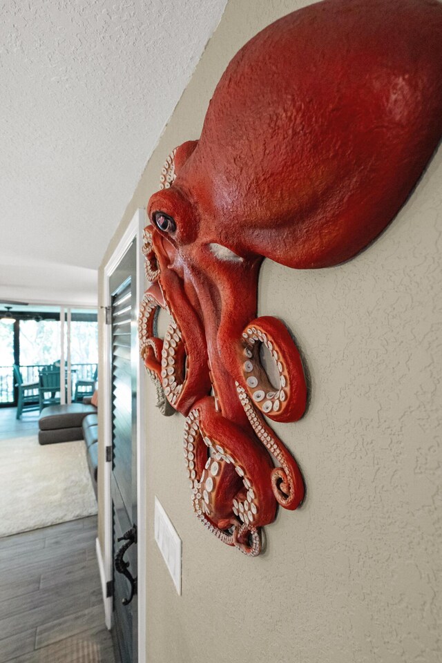 details with wood-type flooring and a textured ceiling