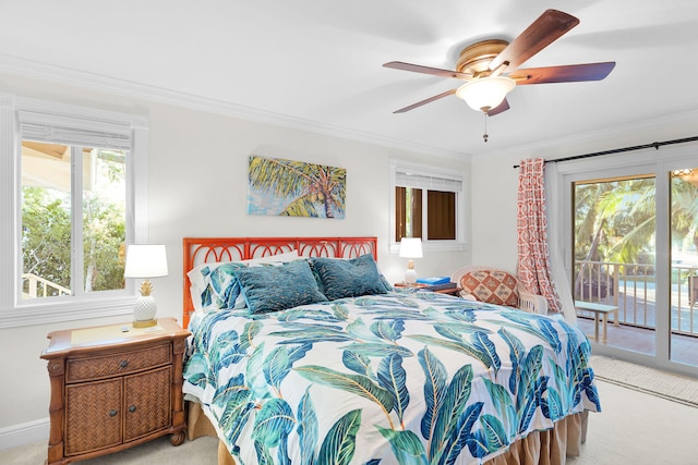 carpeted bedroom with crown molding, access to outside, and ceiling fan