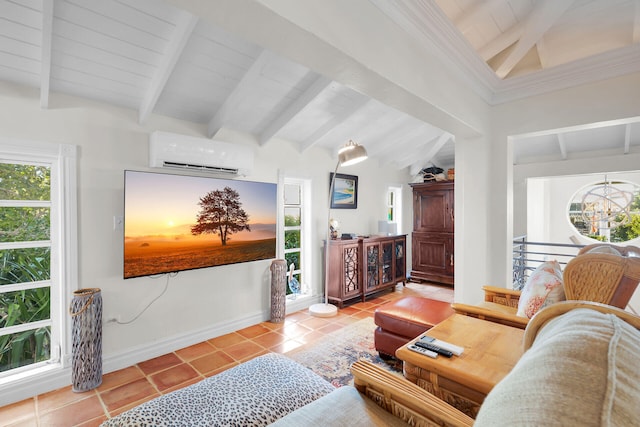 tiled living room with vaulted ceiling with beams and an AC wall unit