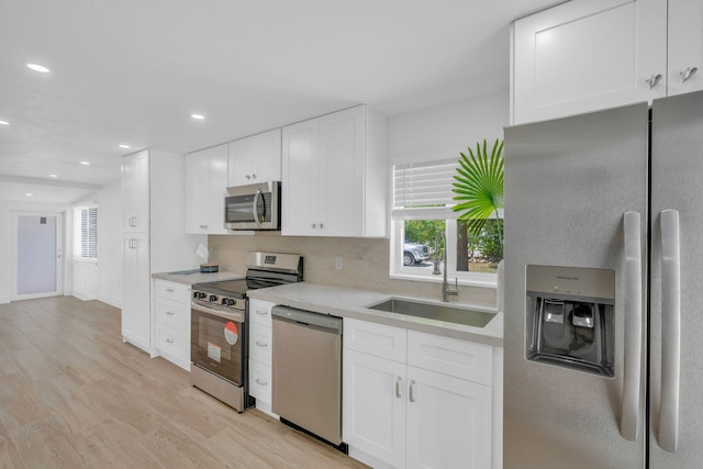 kitchen featuring backsplash, appliances with stainless steel finishes, white cabinetry, a sink, and light wood-type flooring