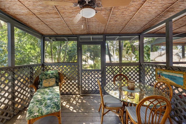 unfurnished sunroom with ceiling fan and plenty of natural light