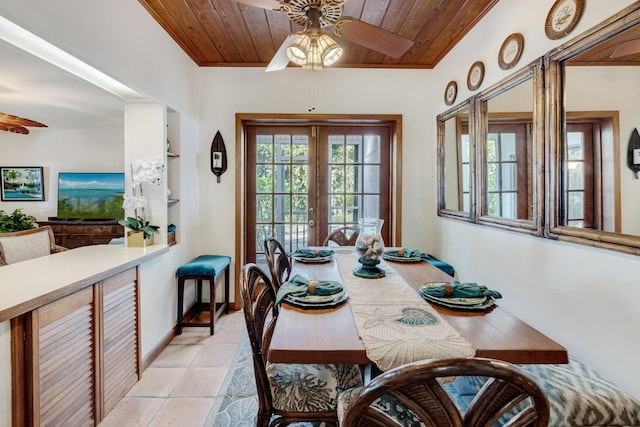 dining space featuring ceiling fan, french doors, wooden ceiling, and baseboards