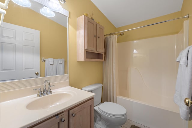 full bathroom featuring shower / tub combo, vanity, tile patterned flooring, and toilet