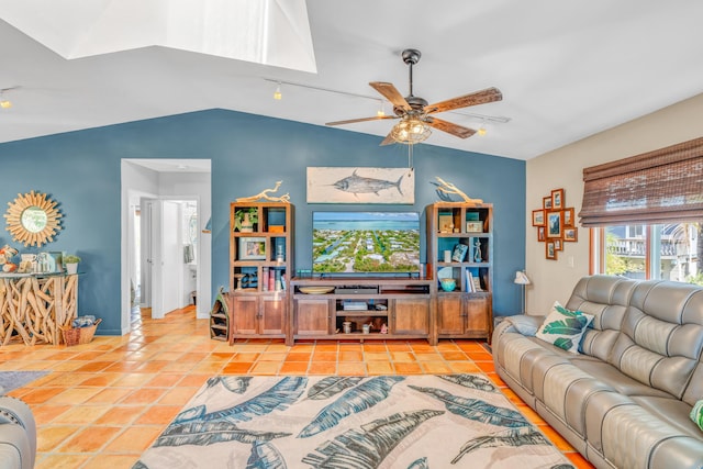 tiled living room with vaulted ceiling and ceiling fan