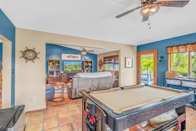 playroom with pool table, baseboards, and ceiling fan