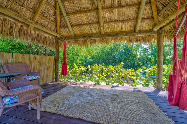 view of patio featuring a gazebo and a wooden deck