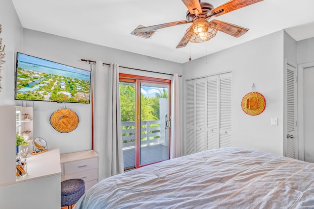 bedroom featuring access to exterior, a ceiling fan, visible vents, and multiple closets