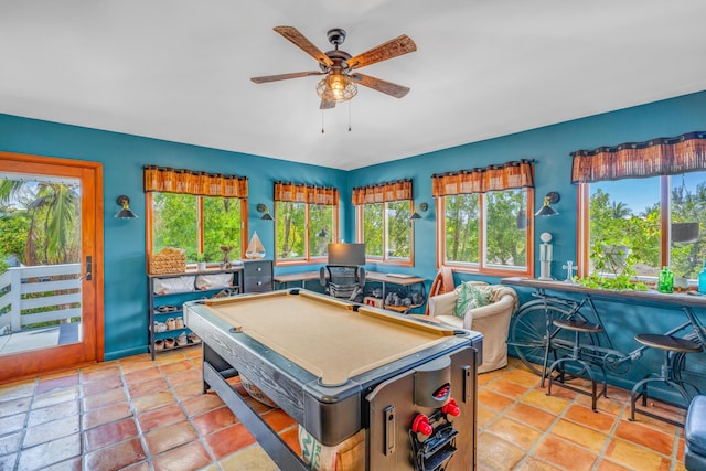 recreation room with a ceiling fan and billiards