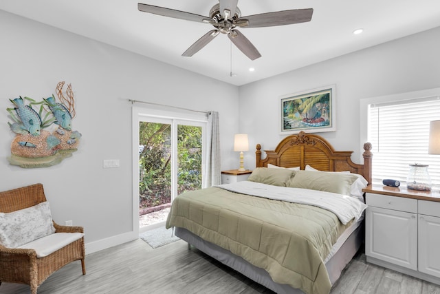 bedroom with access to exterior, ceiling fan, and light wood-type flooring