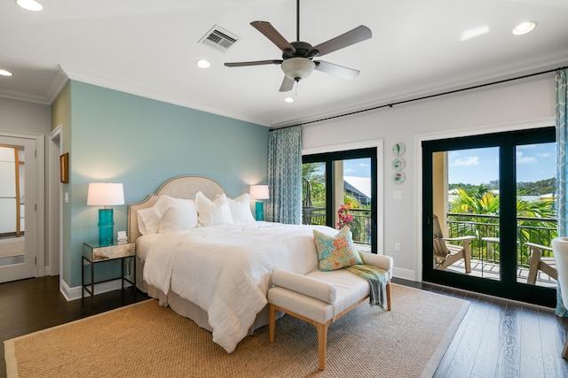 bedroom featuring crown molding, ceiling fan, access to exterior, and dark hardwood / wood-style flooring