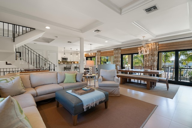 living room featuring crown molding, an inviting chandelier, tile patterned flooring, coffered ceiling, and beamed ceiling