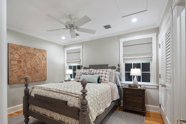1109 Fleming St, Key West, FL 33040 - bedroom with recessed lighting, wood finished floors, baseboards, crown molding, and a ceiling fan