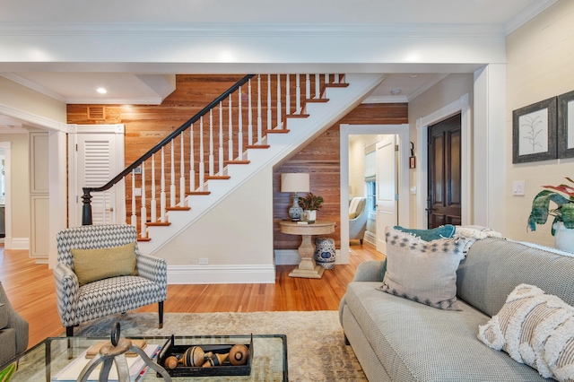 1109 Fleming St, Key West, FL 33040 - living area with stairway, wood finished floors, baseboards, crown molding, and recessed lighting