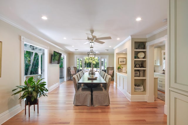 1109 Fleming St, Key West, FL 33040 - dining space featuring light wood-style floors, ornamental molding, recessed lighting, a ceiling fan, and baseboards