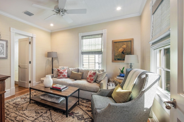 1109 Fleming St, Key West, FL 33040 - living room with ceiling fan, wood finished floors, ornamental molding, and recessed lighting