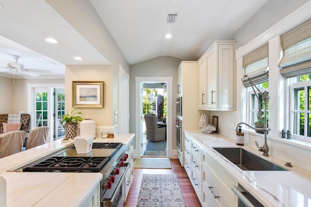 1109 Fleming St, Key West, FL 33040 - kitchen featuring a sink, healthy amount of natural light, dark wood finished floors, white cabinetry, and vaulted ceiling