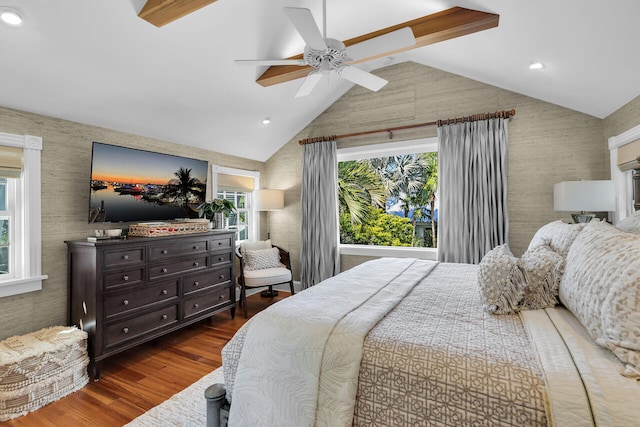 1109 Fleming St, Key West, FL 33040 - bedroom featuring wood finished floors, lofted ceiling, ceiling fan, wallpapered walls, and recessed lighting