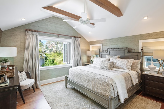 1109 Fleming St, Key West, FL 33040 - bedroom with wood finished floors, wallpapered walls, baseboards, a ceiling fan, and recessed lighting
