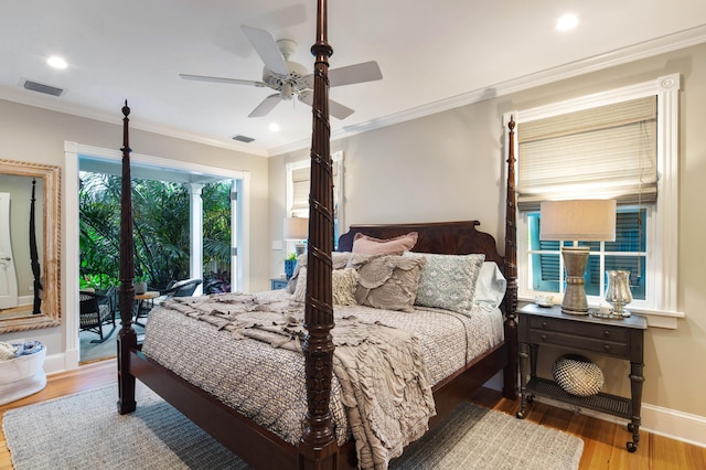1109 Fleming St, Key West, FL 33040 - bedroom featuring access to outside, wood finished floors, baseboards, crown molding, and ceiling fan