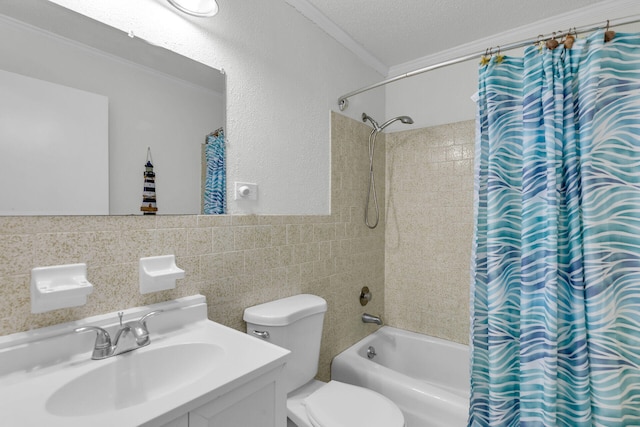 bathroom with toilet, vanity, tile walls, shower / tub combo with curtain, and crown molding