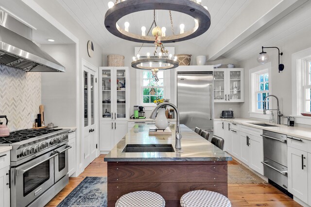 kitchen with high quality appliances, a sink, island range hood, and a chandelier