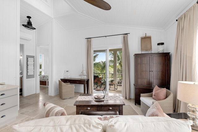 living room featuring vaulted ceiling and ceiling fan