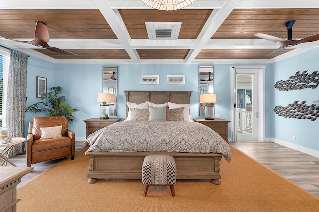 bedroom with beamed ceiling, coffered ceiling, access to outside, and light wood-type flooring