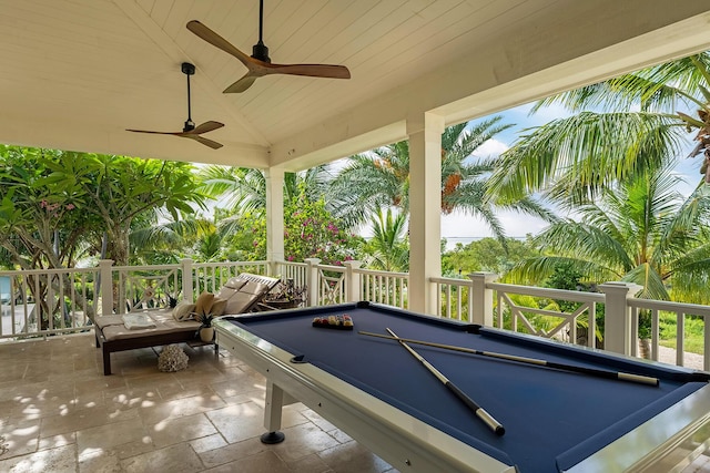 recreation room featuring wood ceiling, billiards, and lofted ceiling