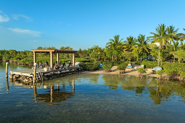 dock area featuring a water view and a pergola