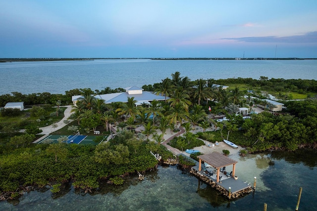 aerial view at dusk with a water view