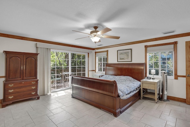 bedroom with a textured ceiling, access to outside, ornamental molding, and ceiling fan